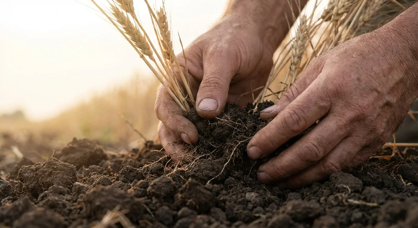 Hands examining rich soil at the base of wheat plants in a garden.