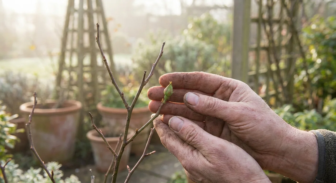 Hands gently touching a small green bud on a brown plant stem.