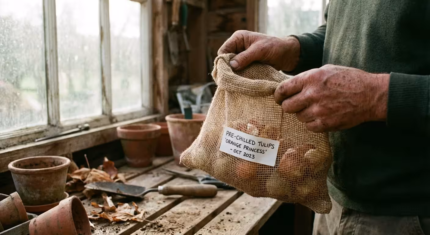 Hands holding a bag of pre-chilled tulip bulbs in a garden shed.