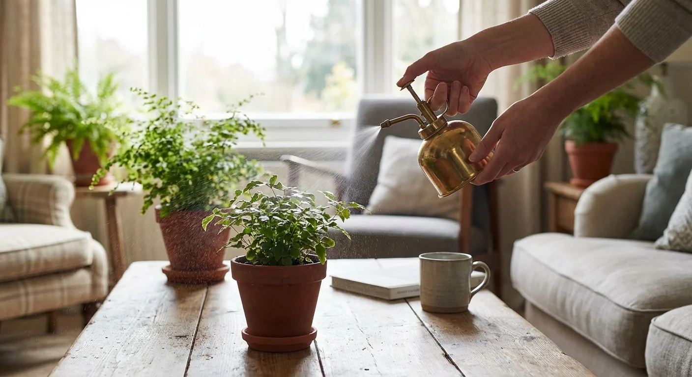 Hands misting a small plant on a coffee table in a bright, airy living room.