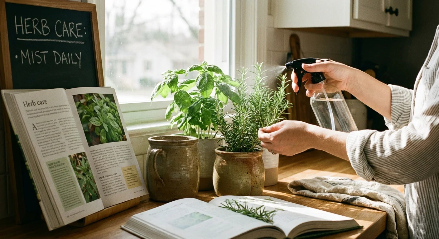 Hands misting fresh green herbs in ceramic pots on a bright kitchen counter.