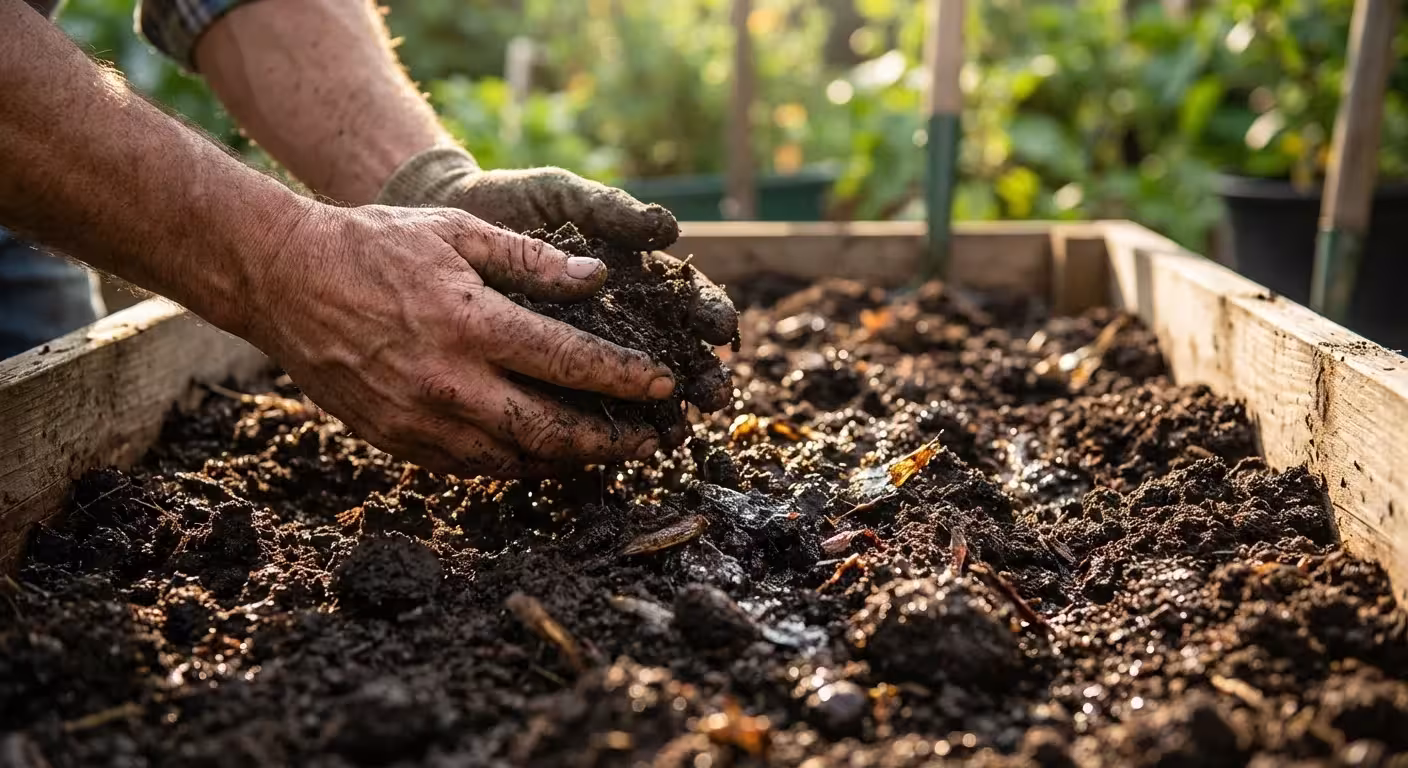 Hands mixing rich, dark garden soil for planting.