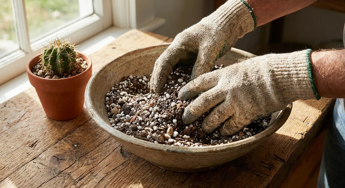 Hands mixing specialized cactus soil with perlite and pebbles on a wooden table.