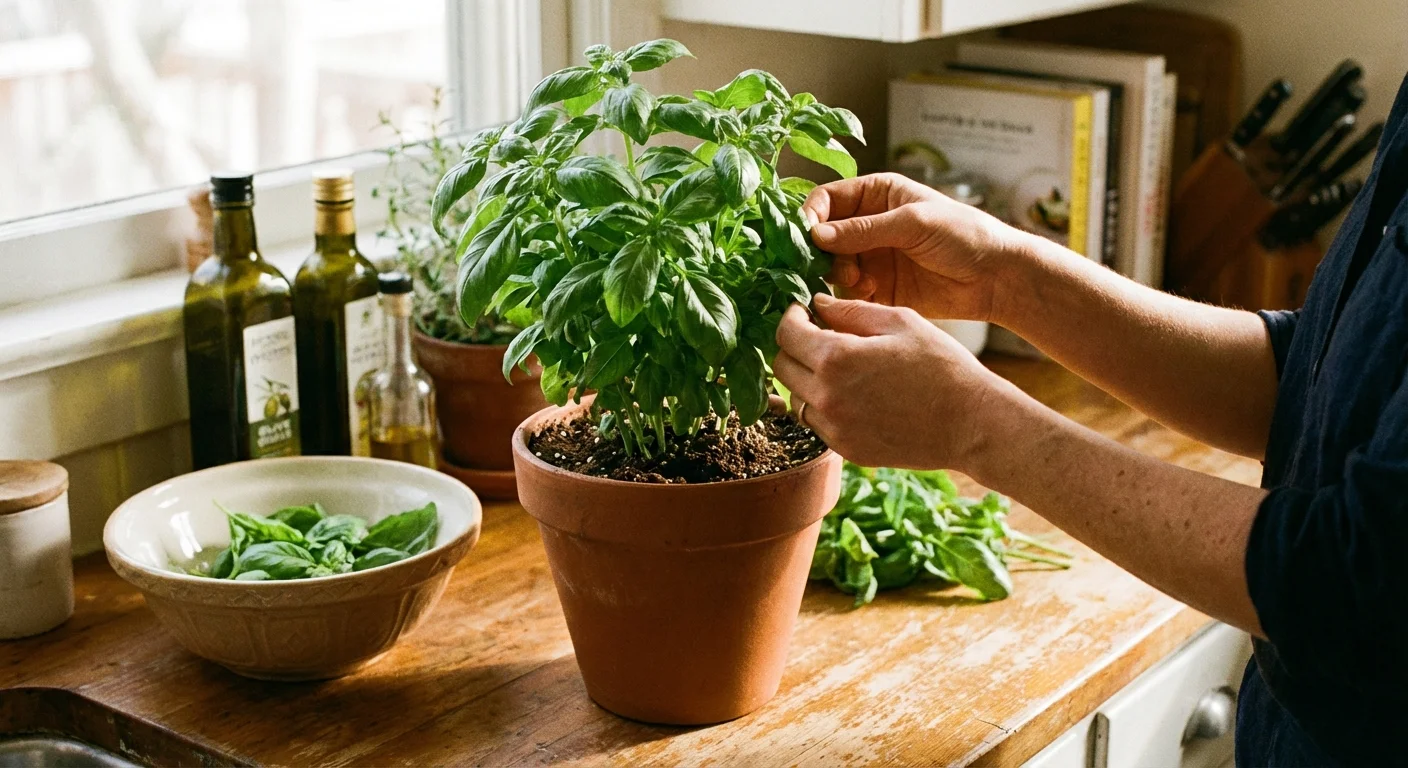 Hands picking fresh basil leaves from a lush potted plant.
