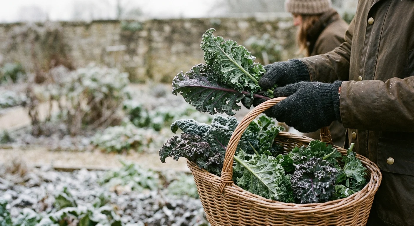 Hands picking fresh kale from a frosty winter garden into a basket.