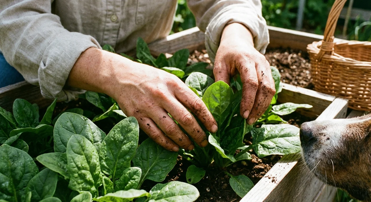 Hands picking fresh spinach in a garden with a curious dog nearby.
