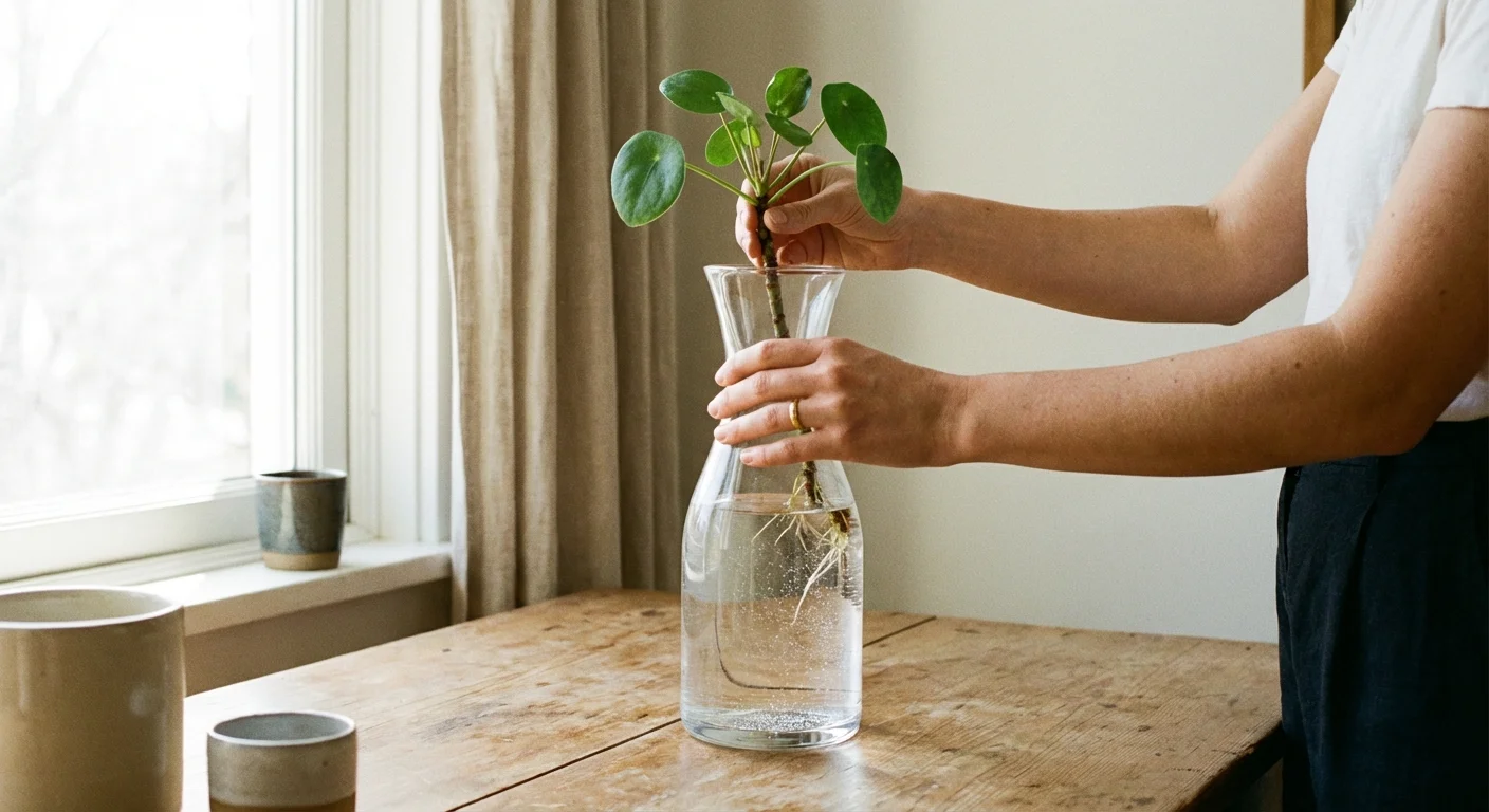 Hands placing a plant cutting into a water-filled glass vase in a bright, sunlit room.