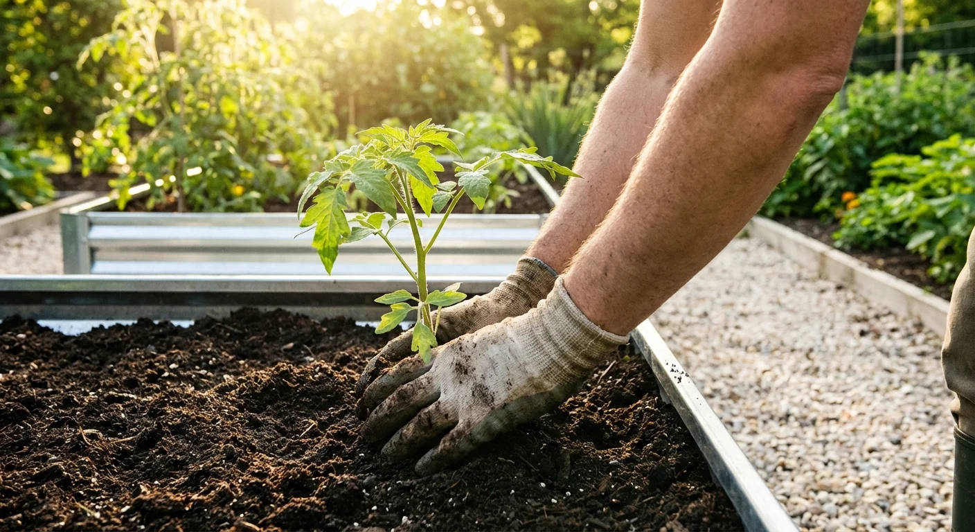 Hands planting a seedling into a metal raised garden bed with rich soil.