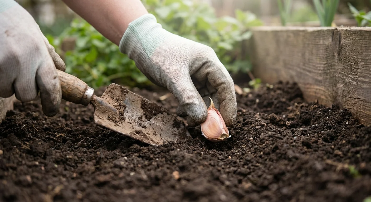 Hands planting a single garlic clove into dark, fertile garden soil.