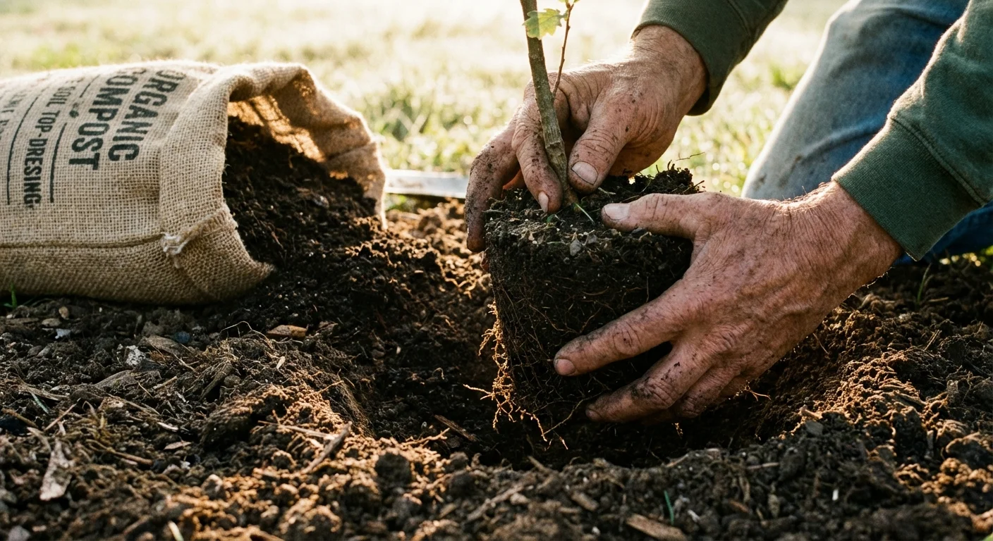 Hands planting a small tree in a wide hole with natural soil and compost nearby.