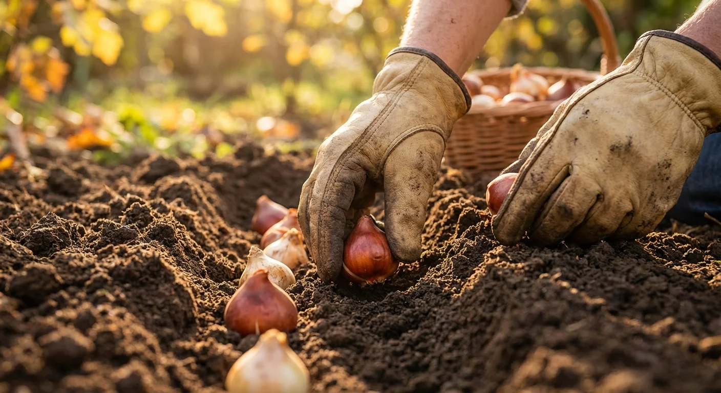 Hands planting flower bulbs in dark soil during the autumn season.