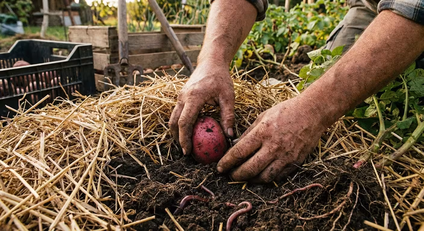 Hands pulling back straw mulch to reveal a potato growing in the soil.