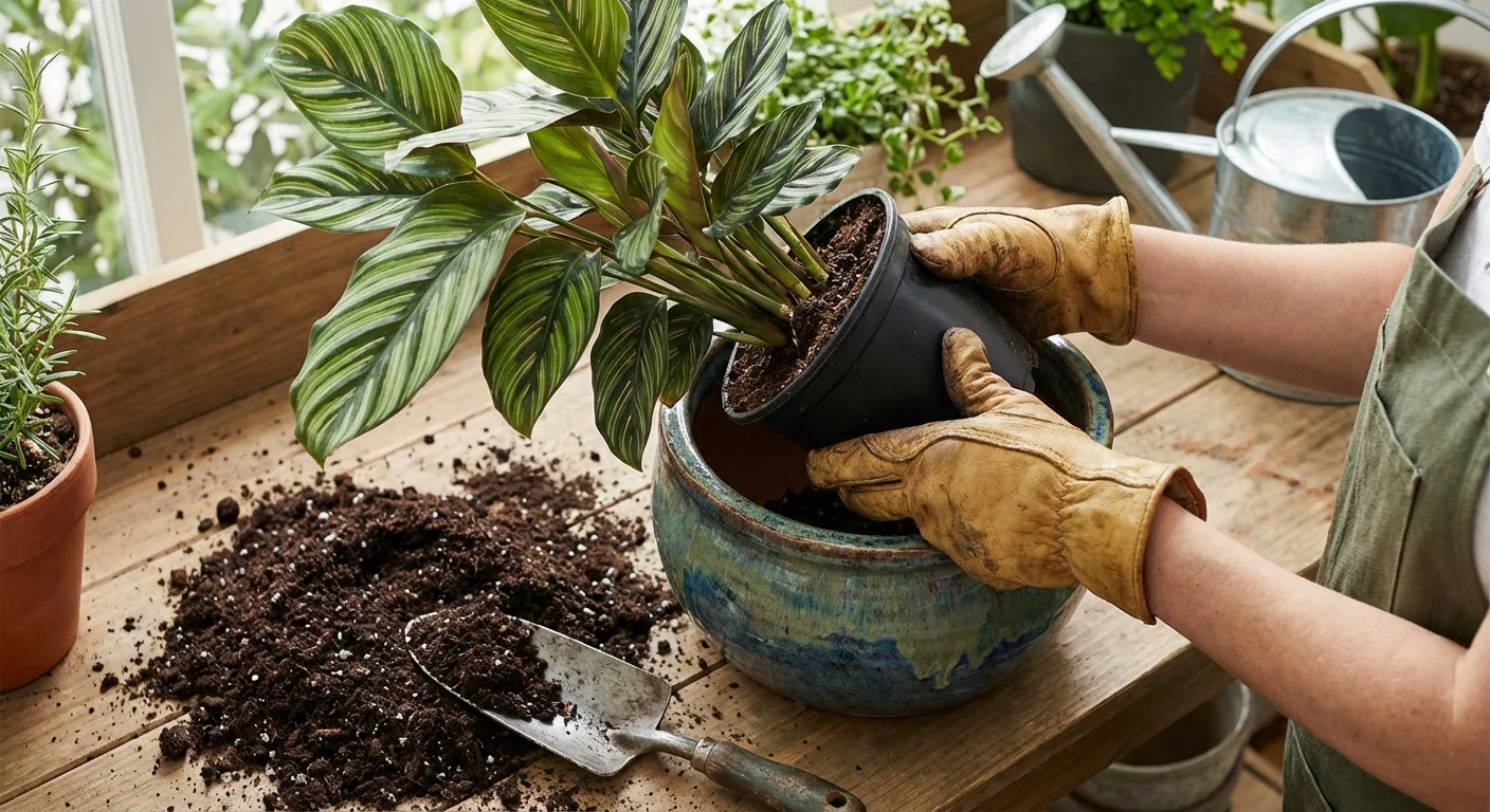 Hands repotting a plant into a stylish ceramic pot.