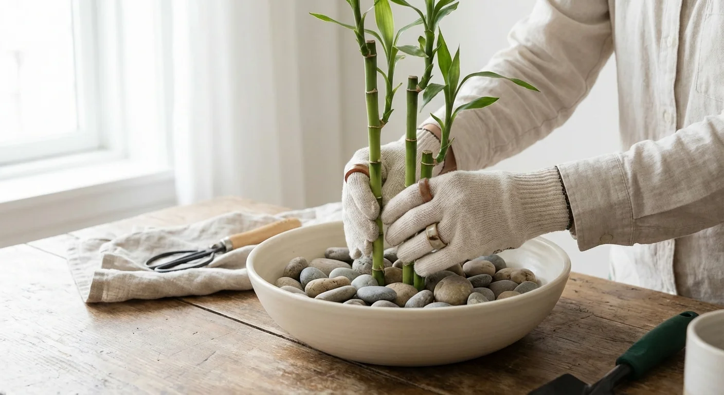 Hands repotting lucky bamboo stalks into a larger ceramic bowl with pebbles.
