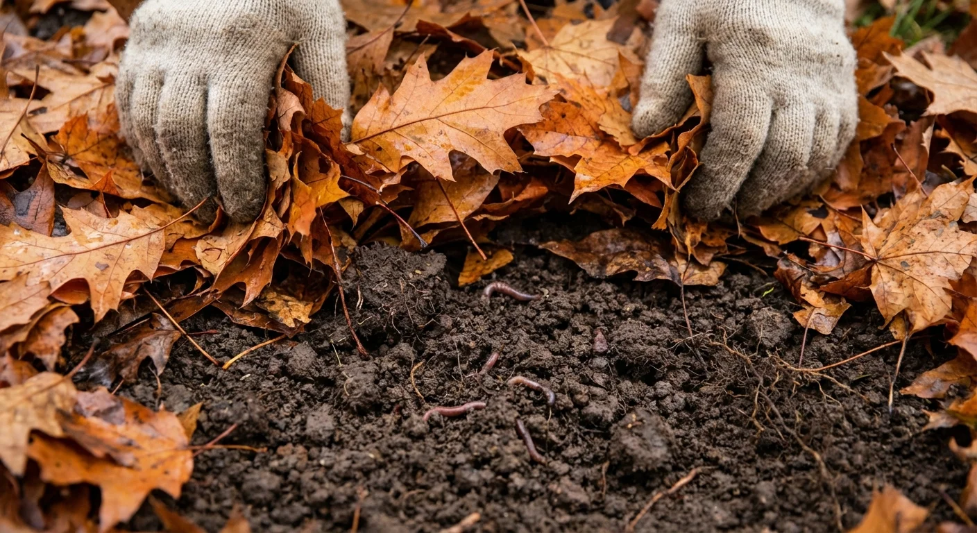 Hands revealing rich dark soil underneath a layer of fallen autumn leaves in a garden.