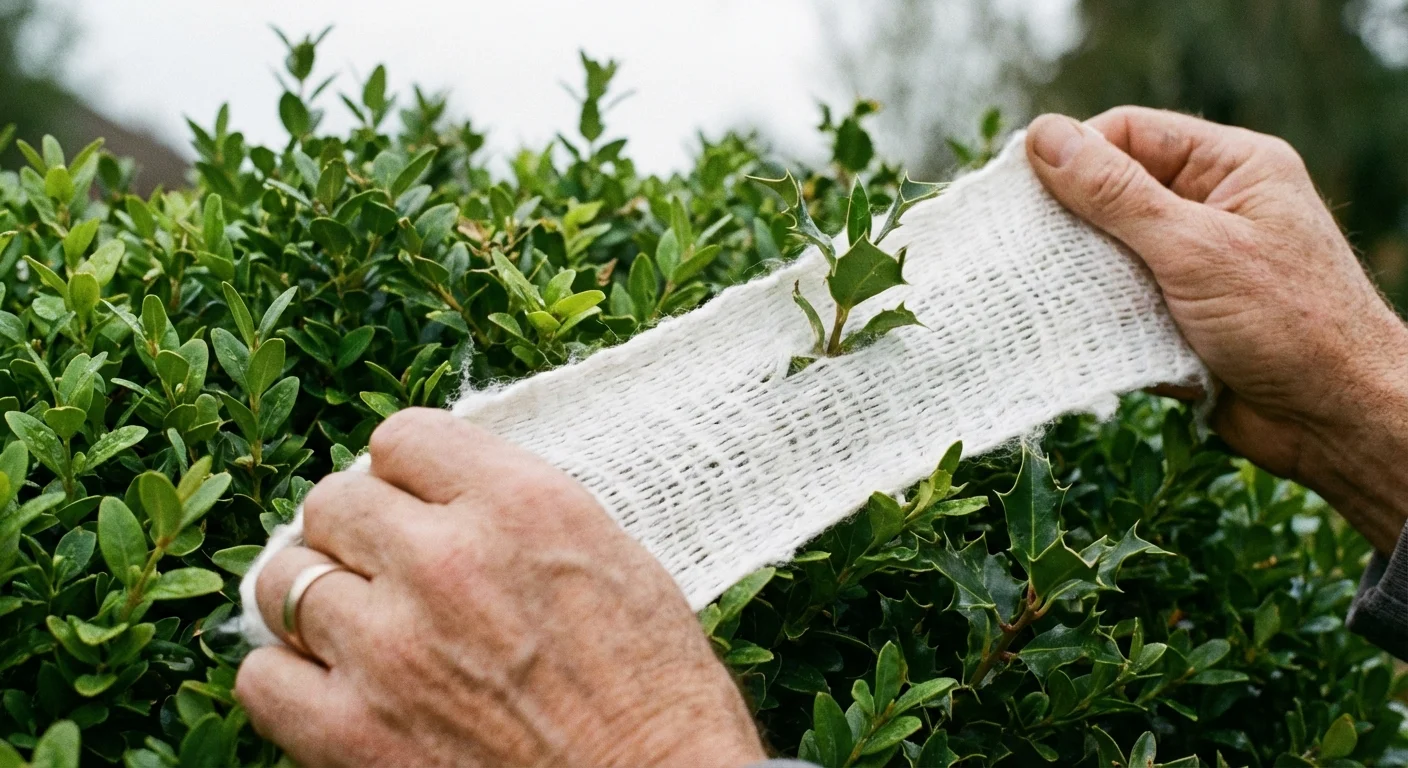 Hands stretching white spider web material over garden bushes.
