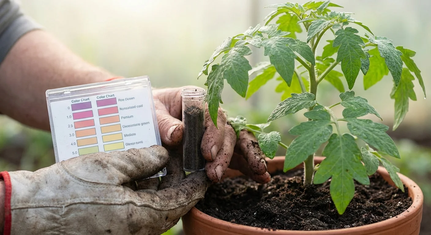 Hands testing dark garden soil next to a leafy green plant.