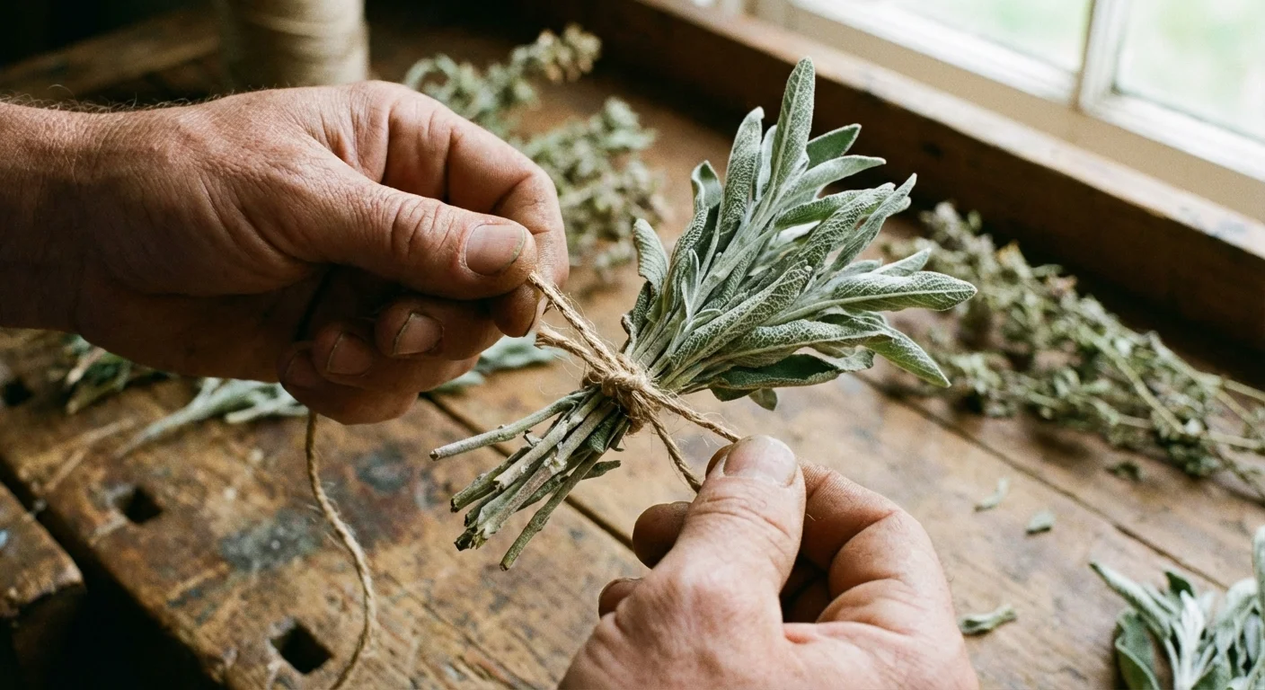 Hands tying a bundle of sage stems with brown jute twine.