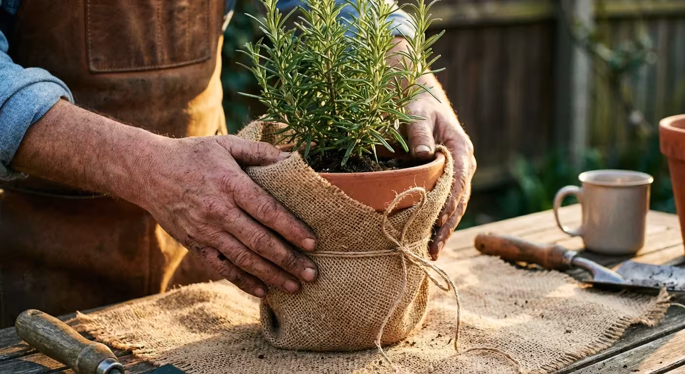 Hands wrapping a rosemary plant in burlap.