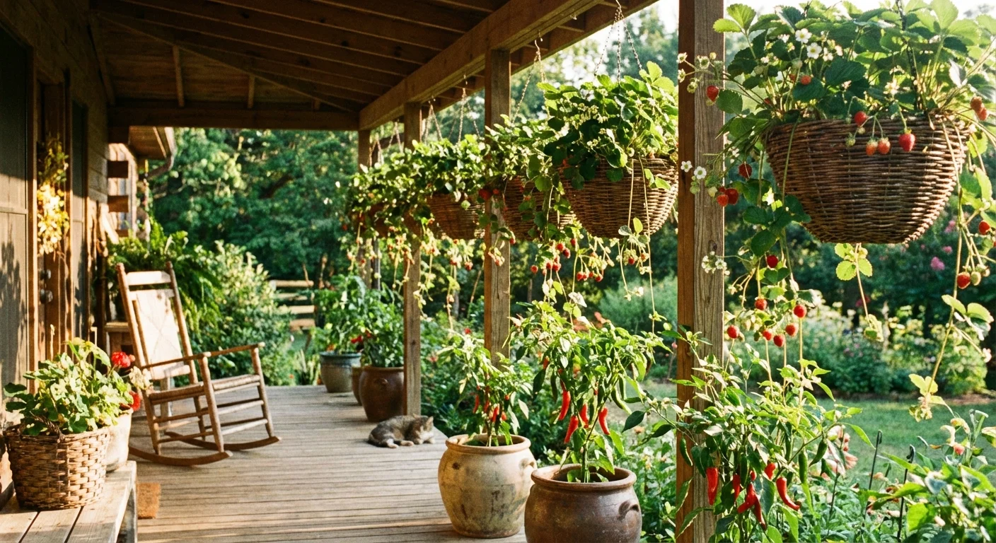 Hanging baskets filled with strawberry plants on a sunny garden porch.