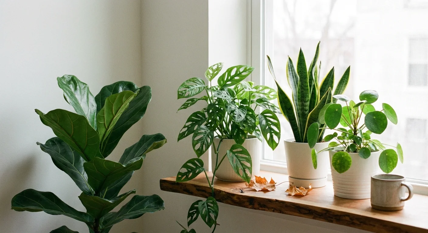 Healthy houseplants sitting on a wooden shelf in soft, natural light, showing stable green foliage.