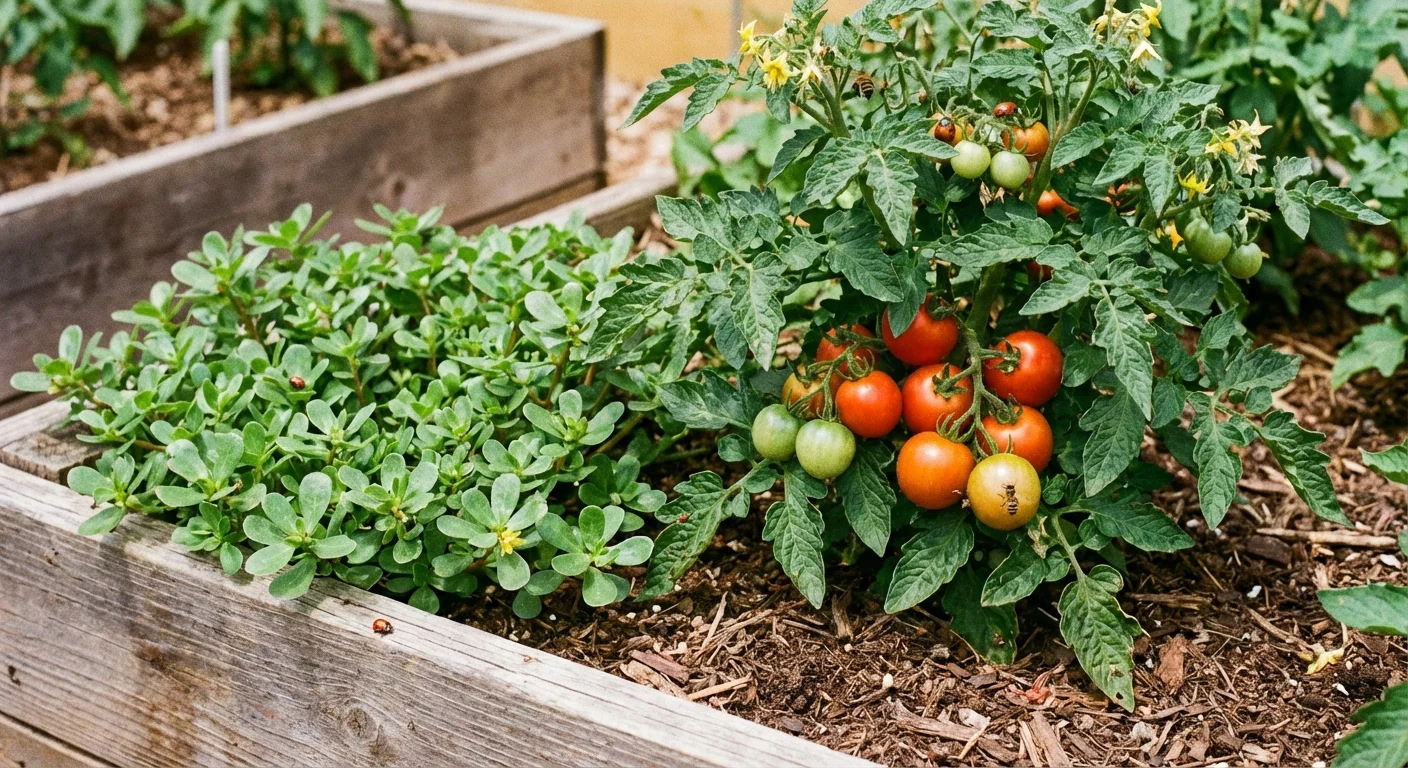 Healthy tomato plants growing next to purslane in a garden bed.