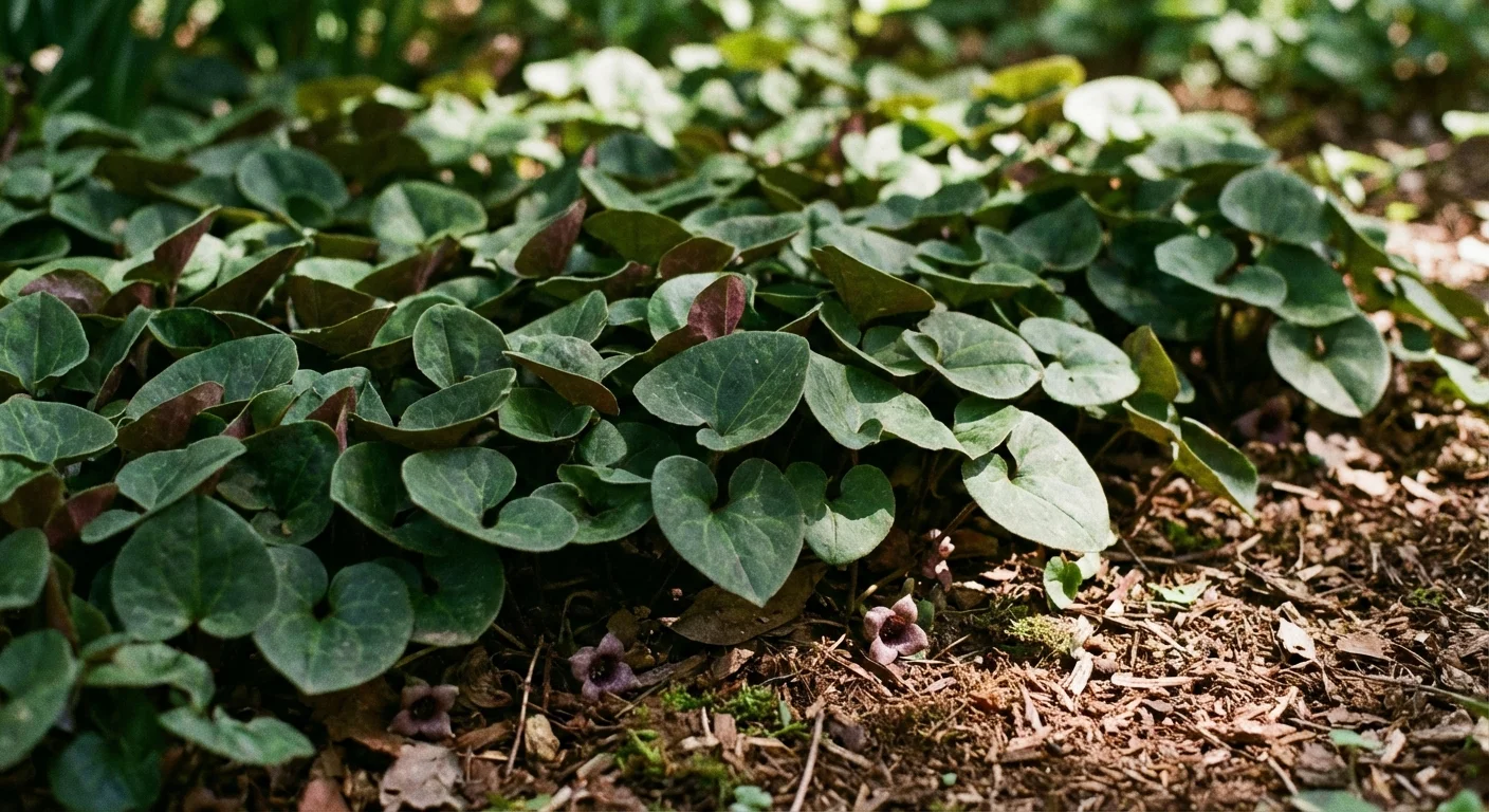 Heart-shaped leaves of wild ginger plants growing as a dense green carpet in a shaded garden bed.