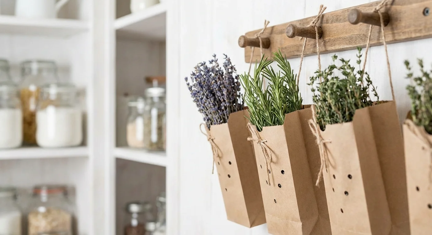 Herb bundles inside brown paper bags hanging from a wooden rack.