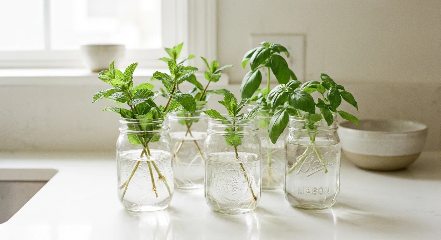 Herb cuttings rooting in clear glass jars of water on a bright kitchen counter.