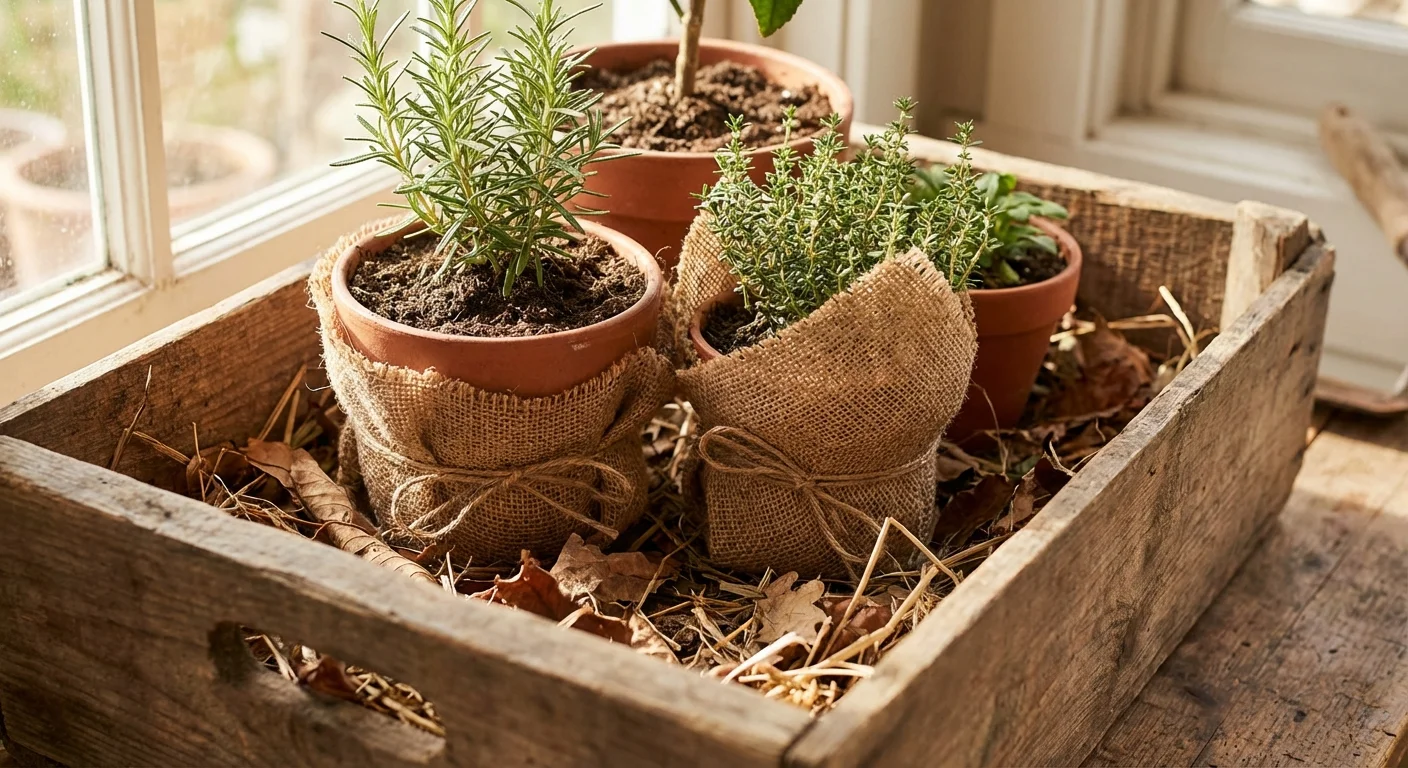 Herb pots wrapped in burlap and placed inside a wooden crate for winter protection.