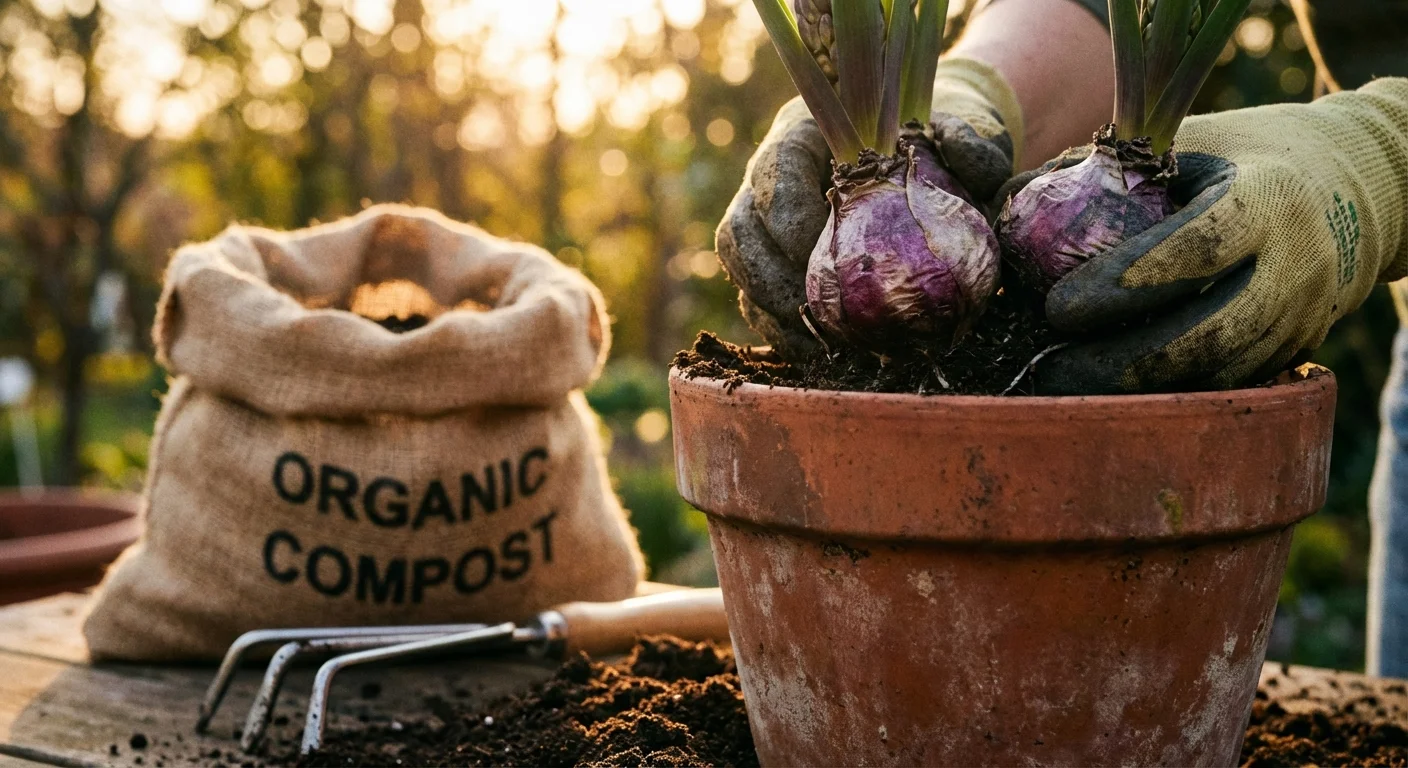 Hyacinth bulbs being planted in a terracotta pot with gardening tools.