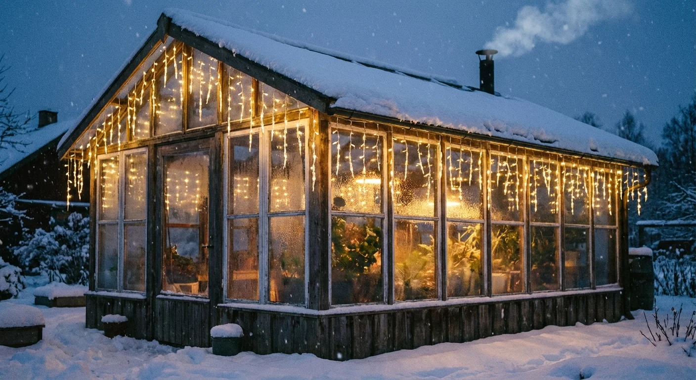 Icicle Christmas lights hanging from the roof of a glass greenhouse in winter.