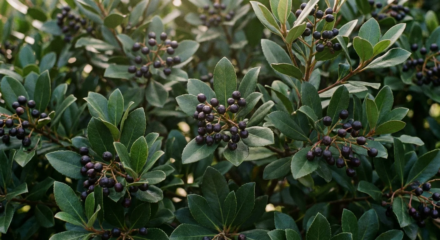 Indian hawthorn shrub with dark berries and evergreen leaves.