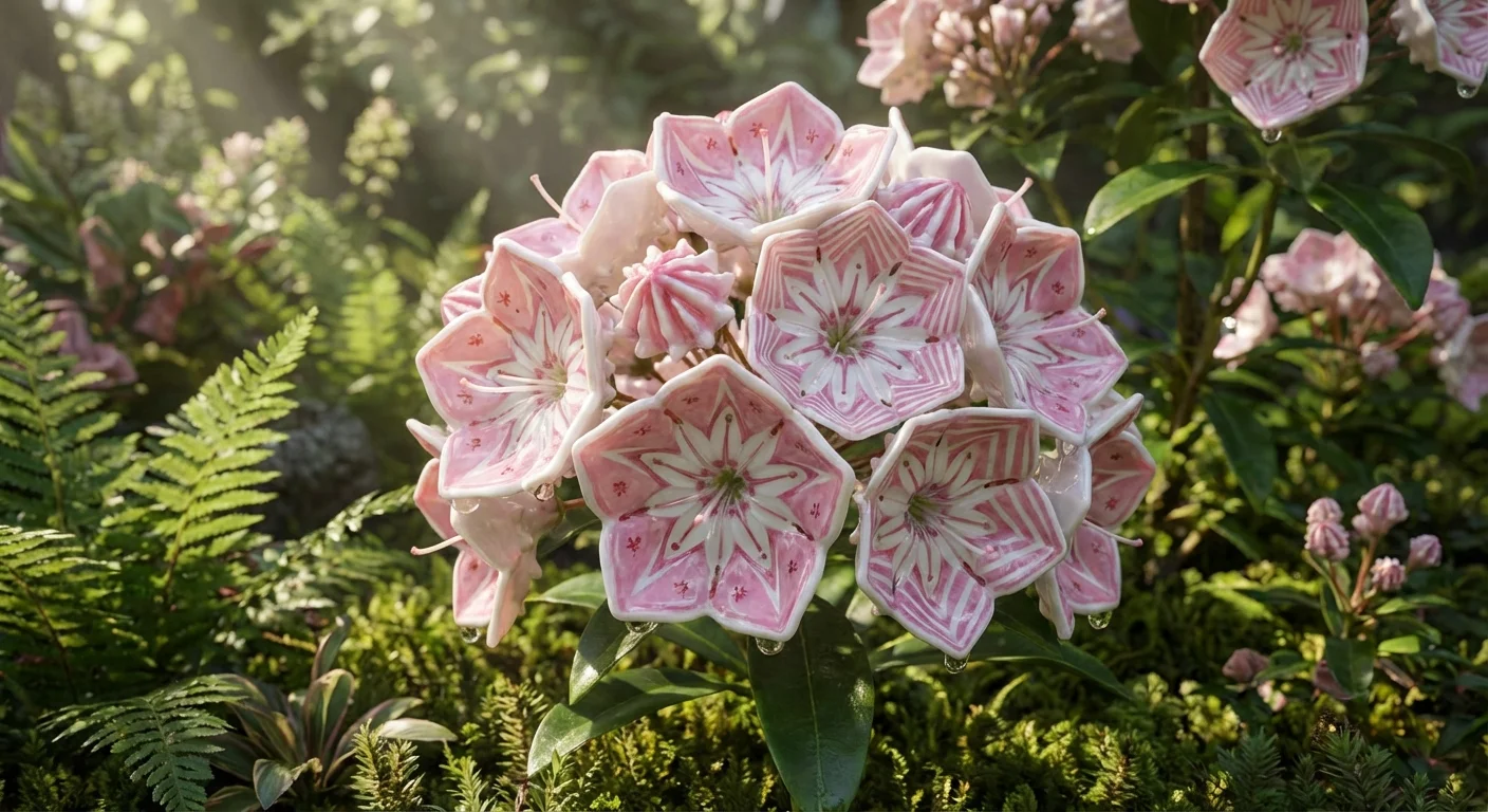 Intricate pink and white mountain laurel blossoms in a shaded garden.