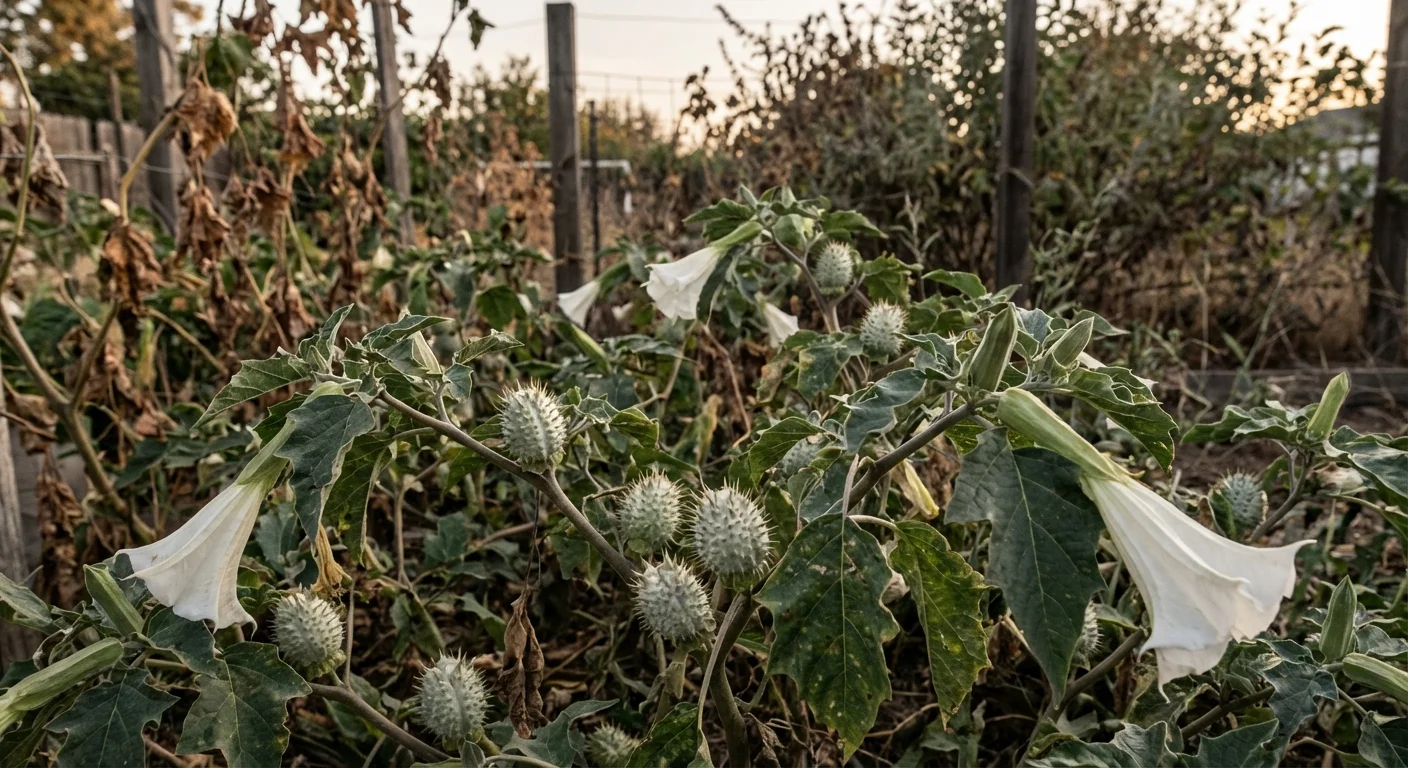 Jimson weed with its distinct spiky pods and white flowers in a garden setting.