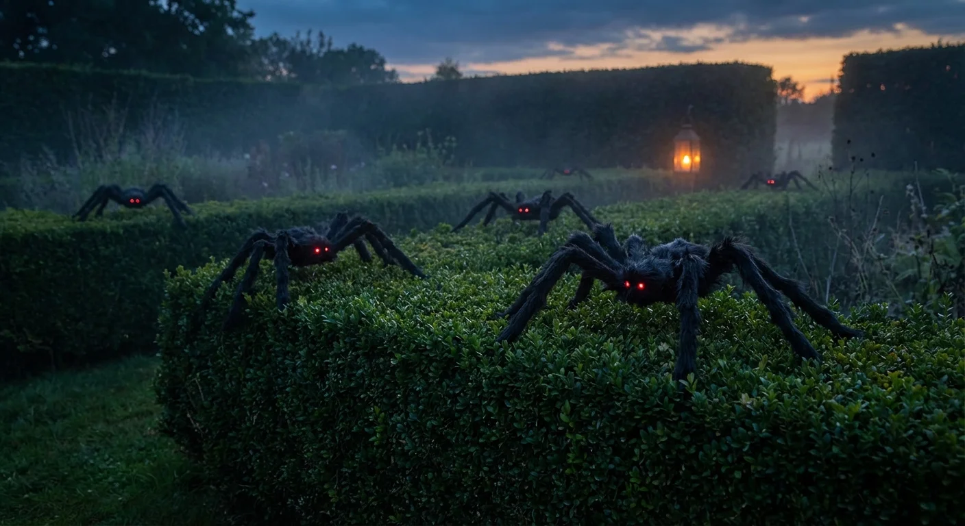 Large hairy toy spiders with red eyes on a green garden hedge.