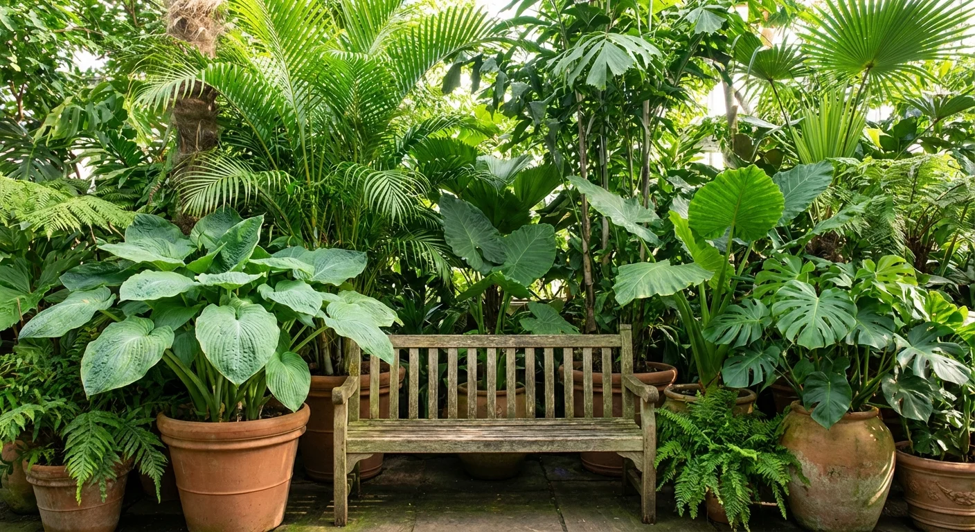 Large-leafed potted plants arranged around a seating area for an intimate feel.
