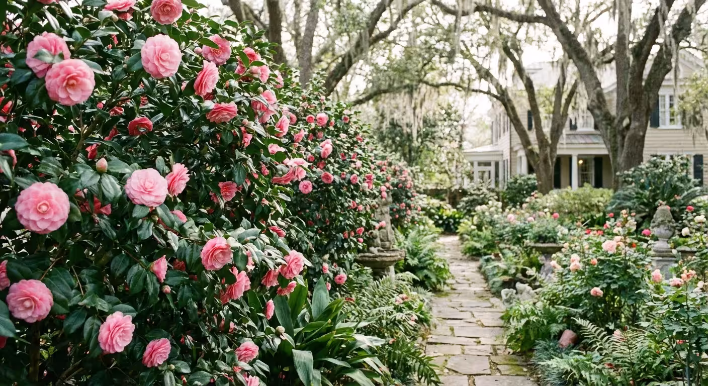 Large pink camellia flowers blooming on a tall evergreen hedge along a stone garden path.