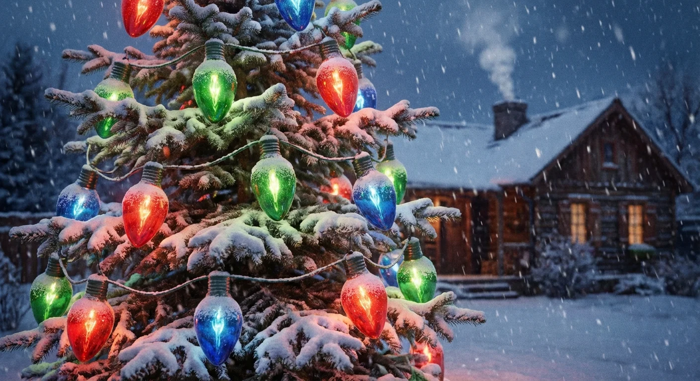 Large vintage ceramic Christmas bulbs on an outdoor pine tree.