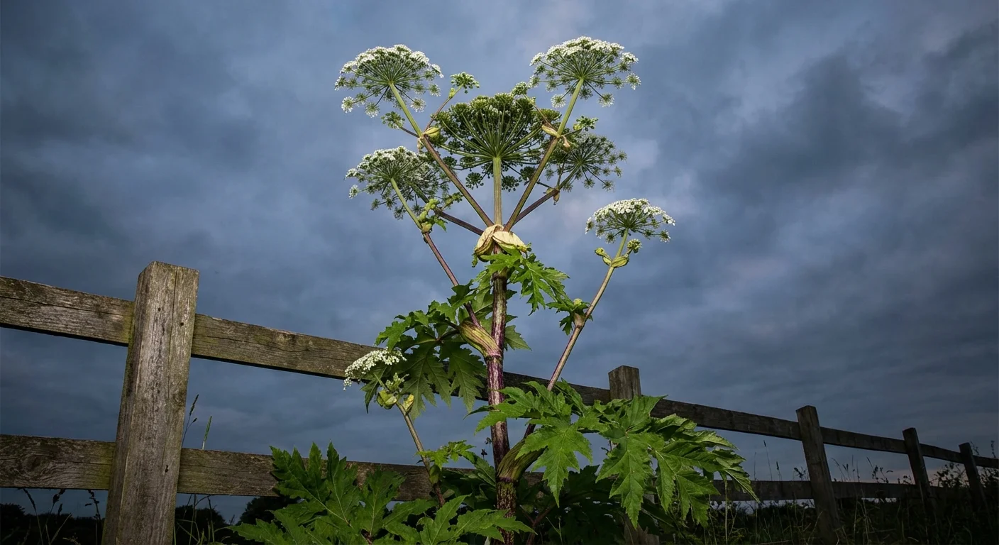 Large white flower clusters of Giant Hogweed towering over a backyard fence.