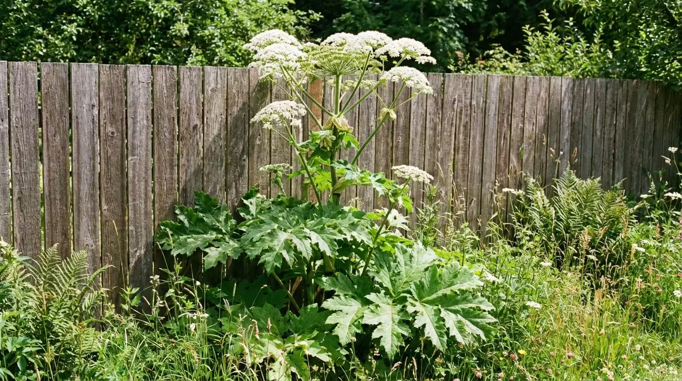 Large white umbrella-like flower clusters of a cow parsnip plant by a fence.
