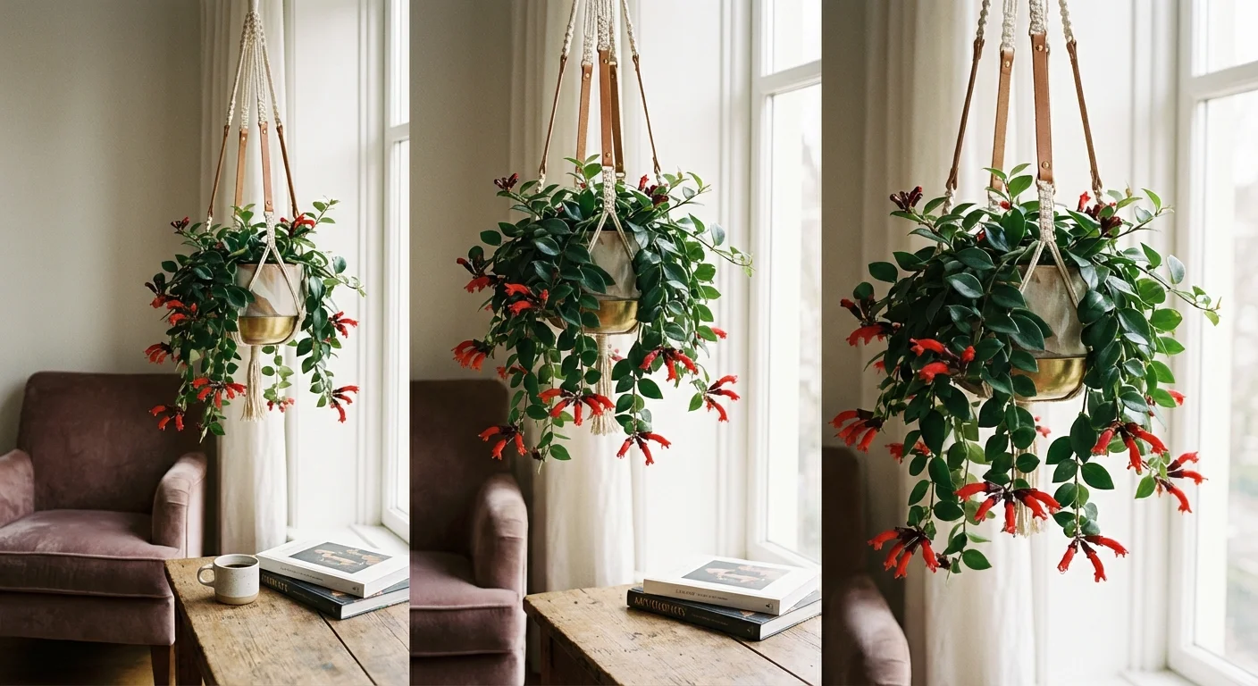 Lipstick plant with red flowers hanging in a stylish indoor planter.
