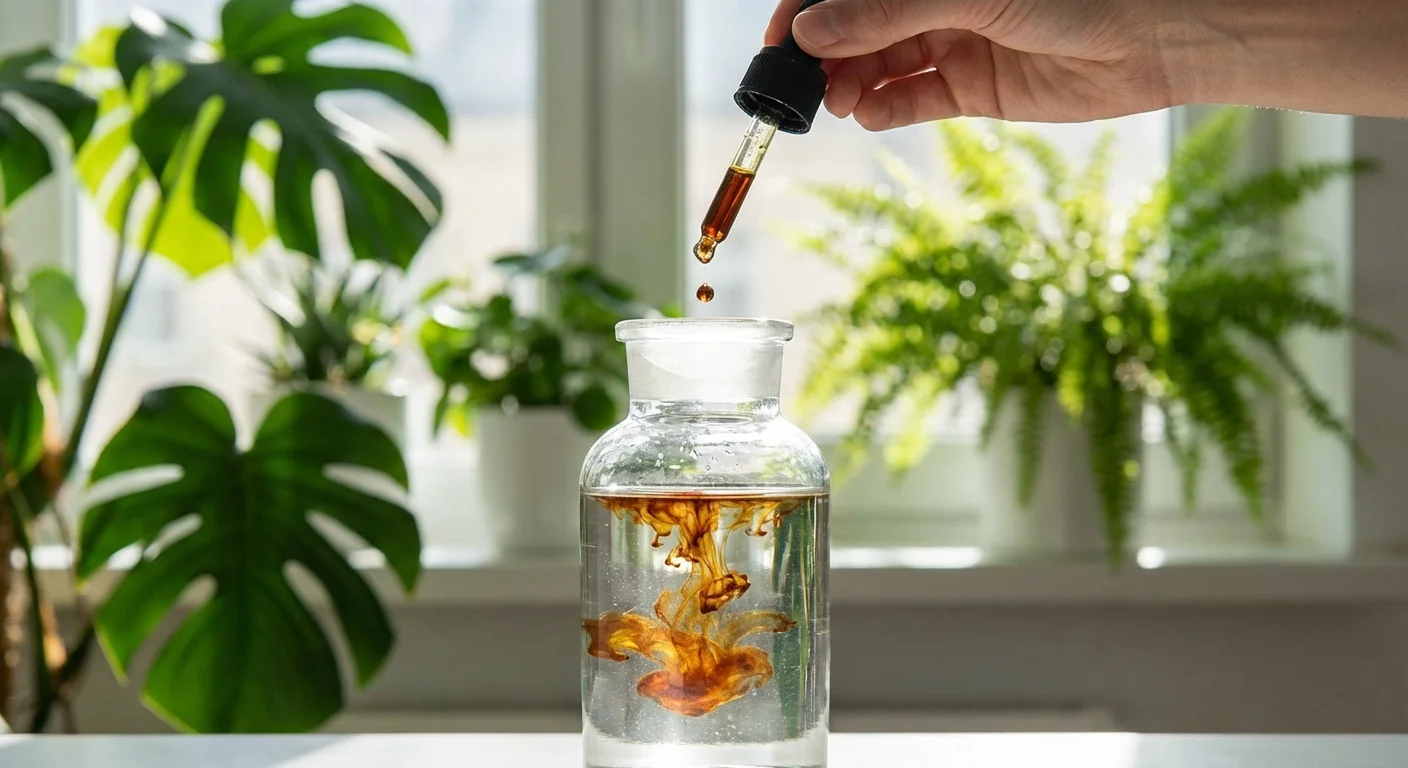 Liquid fertilizer being mixed into a water bottle for plants.