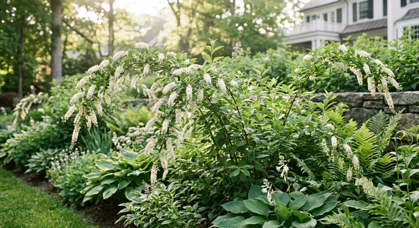 Long white flower spikes of Virginia Sweetspire in a garden.