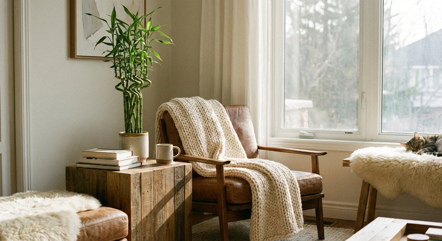 Lucky bamboo plant in a comfortable, warm living room setting with soft decor.