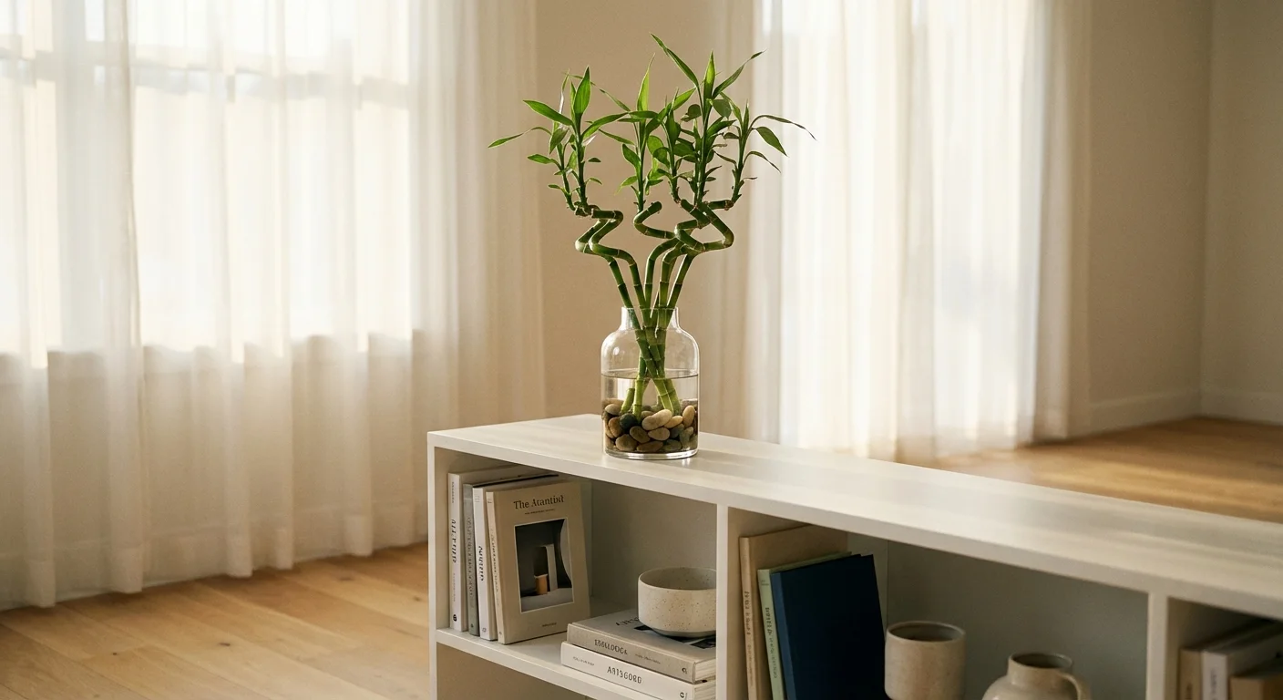 Lucky bamboo plant on a shelf receiving soft, filtered sunlight through a sheer curtain.