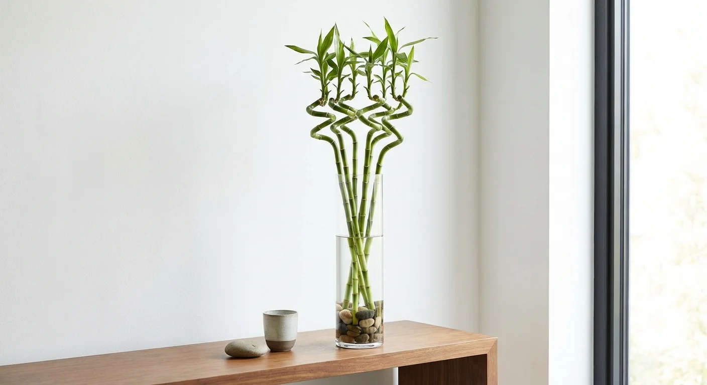 Lucky bamboo stalks in a tall glass vase with water and decorative river stones.