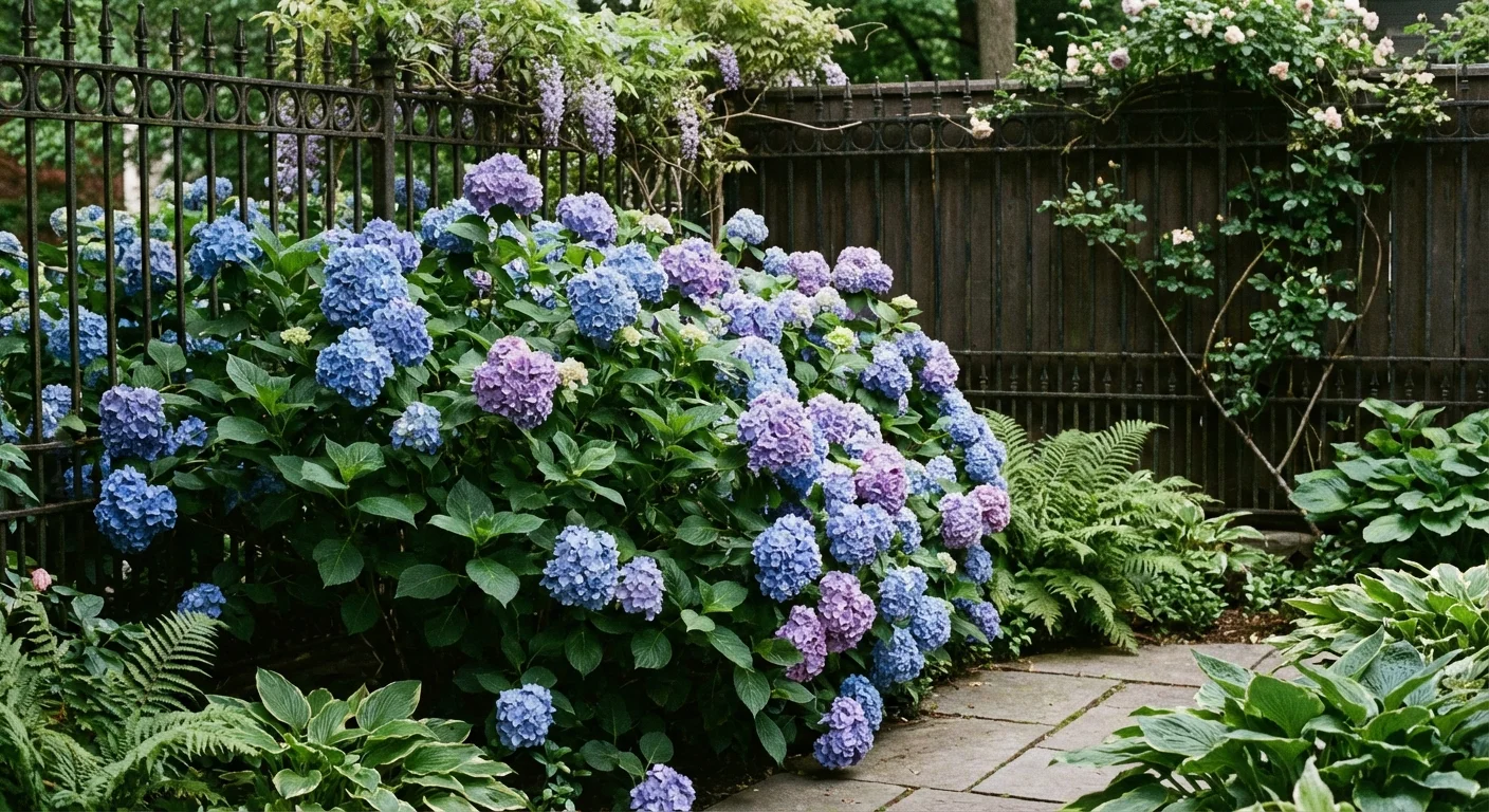 Lush blue and purple hydrangeas blooming in a shaded garden spot.