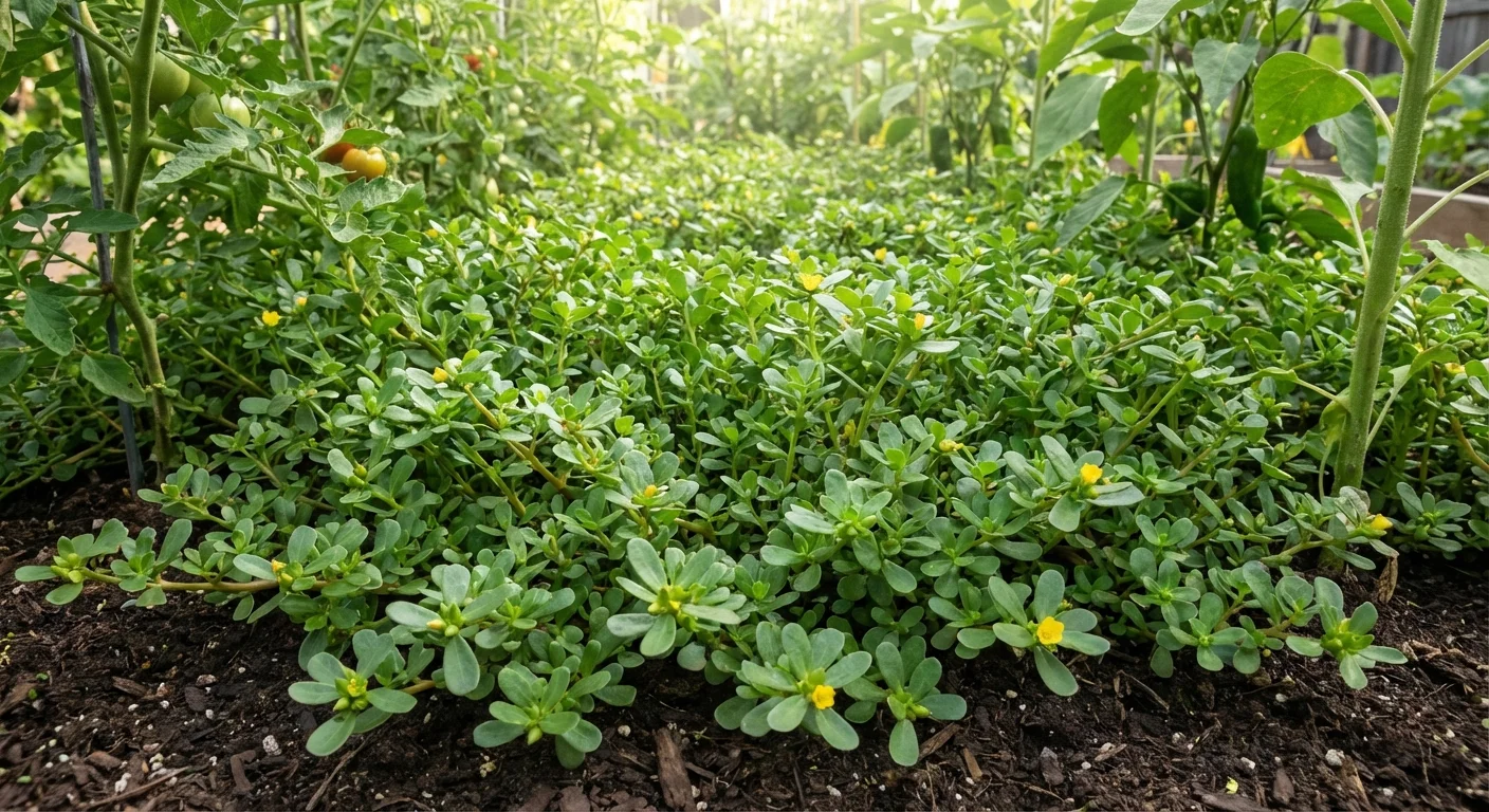 Lush green purslane spreading across the ground as a natural garden cover.