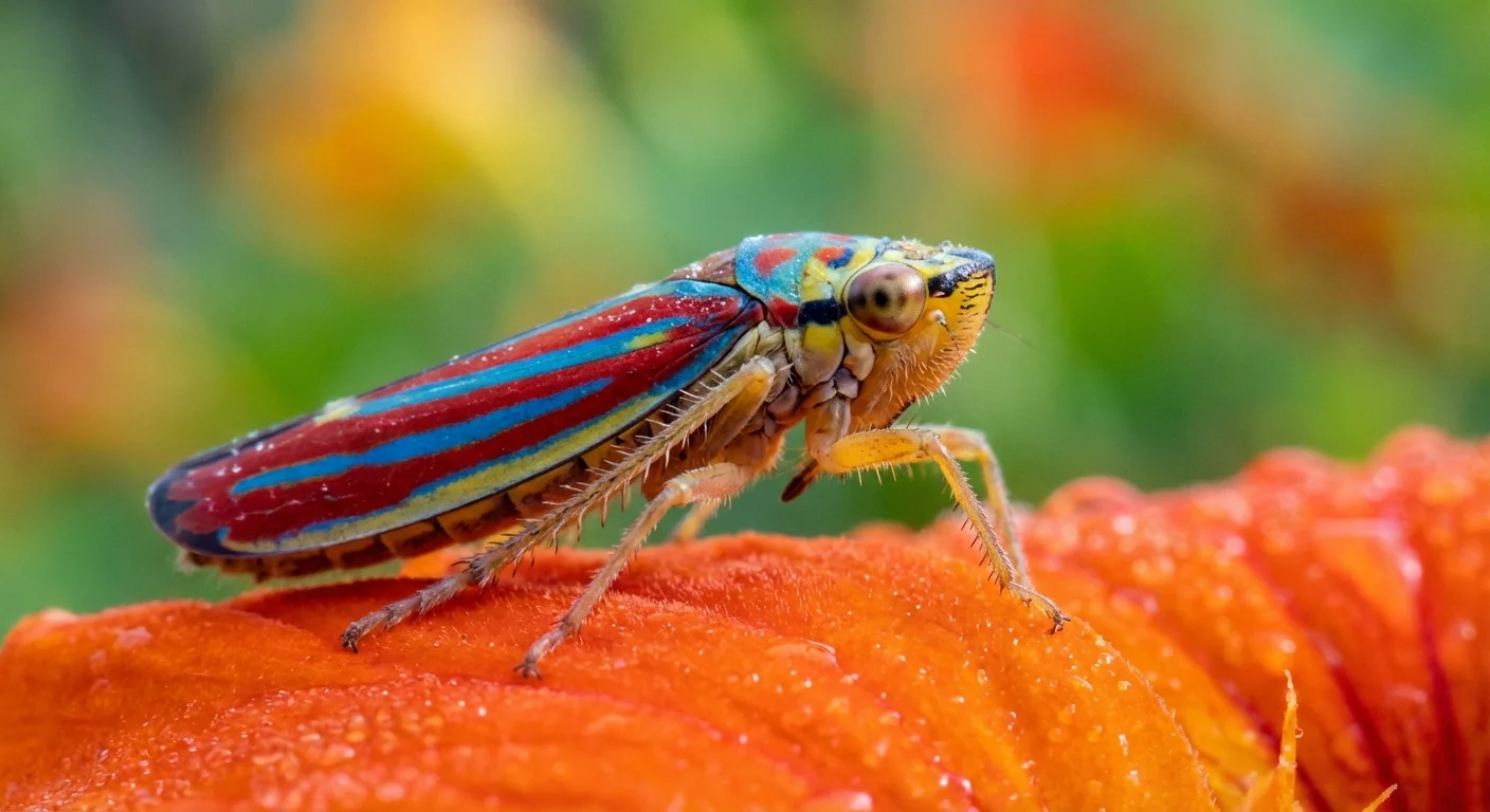 Macro photo of a leafhopper insect on an orange flower petal in a garden.